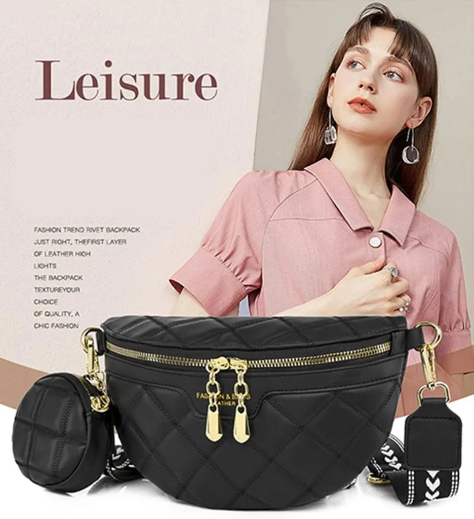 Quilted Fanny Pack with Coin Purse Small Crossbody Sling Purse Women Shoulder Chest Bag with Coin Pouch (Black)