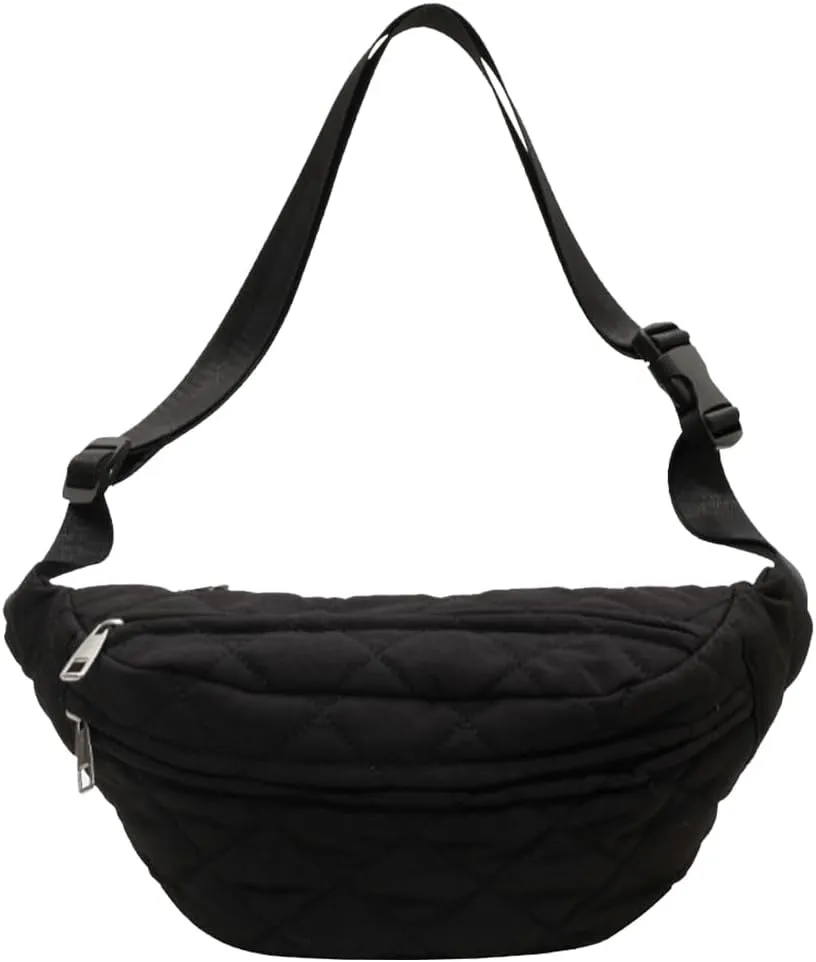 Quilted Waist Bag Fashion Chest Bag Adjustable Strap Trendy Fanny Pack Large Capacity Crossbody Sling Bag Zip Closure for Autumn Winter (Black)
