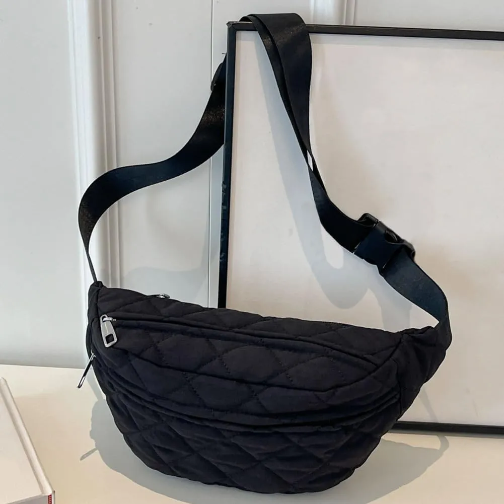 Quilted Waist Bag Fashion Chest Bag Adjustable Strap Trendy Fanny Pack Large Capacity Crossbody Sling Bag Zip Closure for Autumn Winter (Black)