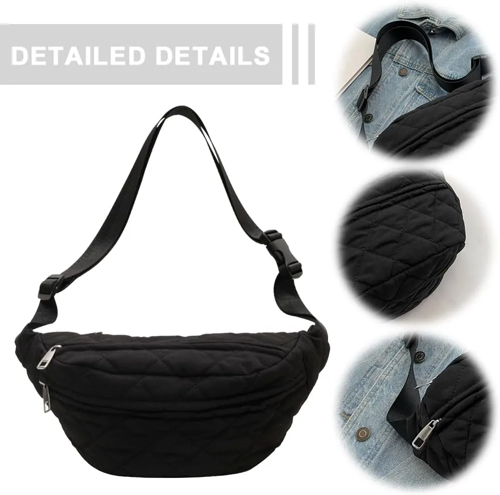 Quilted Waist Bag Fashion Chest Bag Adjustable Strap Trendy Fanny Pack Large Capacity Crossbody Sling Bag Zip Closure for Autumn Winter (Black)