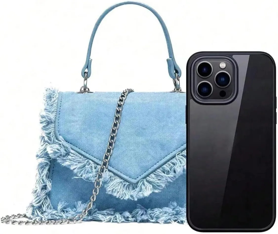 QWINEE Women's Fringe Crossbody Tote Bags Denim Square Bag Satchel Handbags Purses with Chain Strap