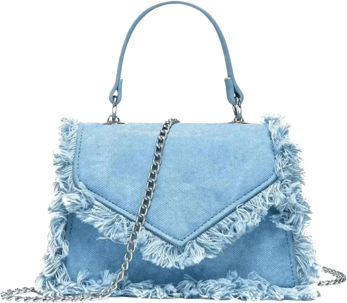 QWINEE Women's Fringe Crossbody Tote Bags Denim Square Bag Satchel Handbags Purses with Chain Strap
