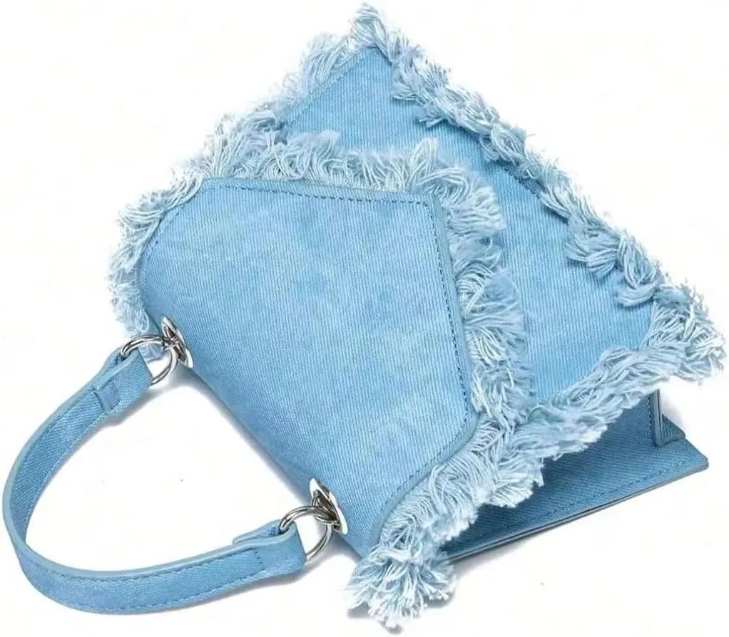 QWINEE Women's Fringe Crossbody Tote Bags Denim Square Bag Satchel Handbags Purses with Chain Strap