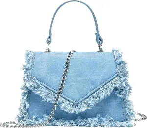 QWINEE Women's Fringe Crossbody Tote Bags Denim Square Bag Satchel Handbags Purses with Chain Strap