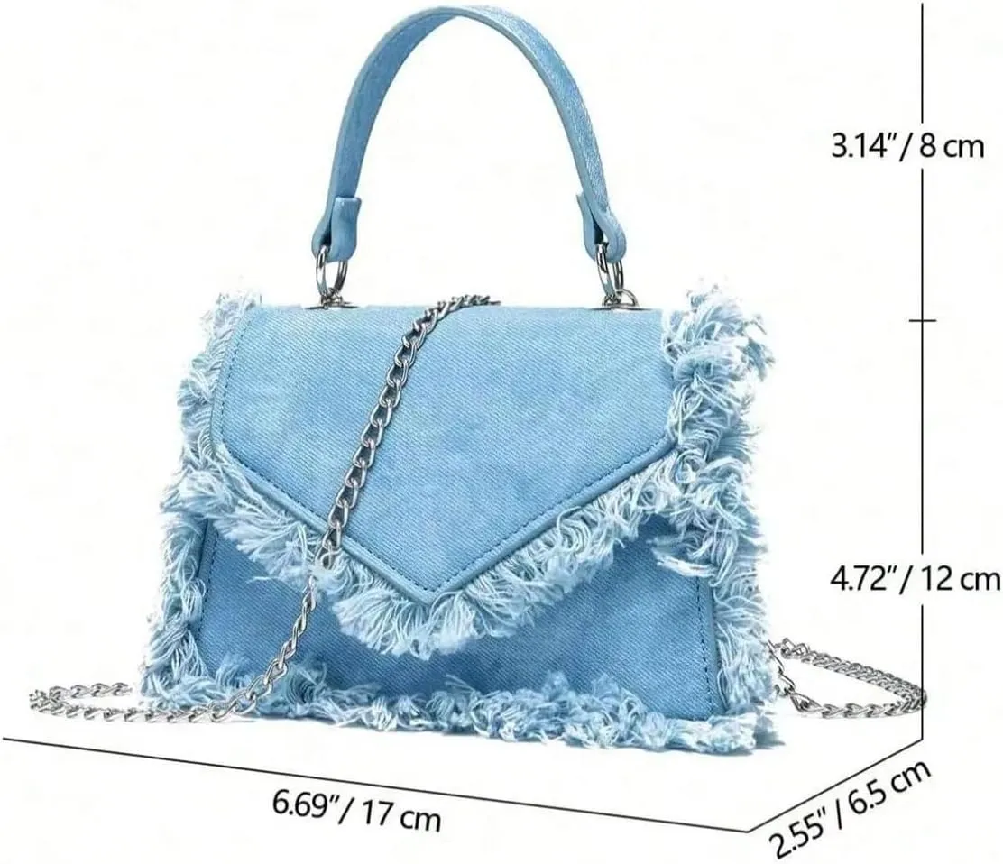 QWINEE Women's Fringe Crossbody Tote Bags Denim Square Bag Satchel Handbags Purses with Chain Strap