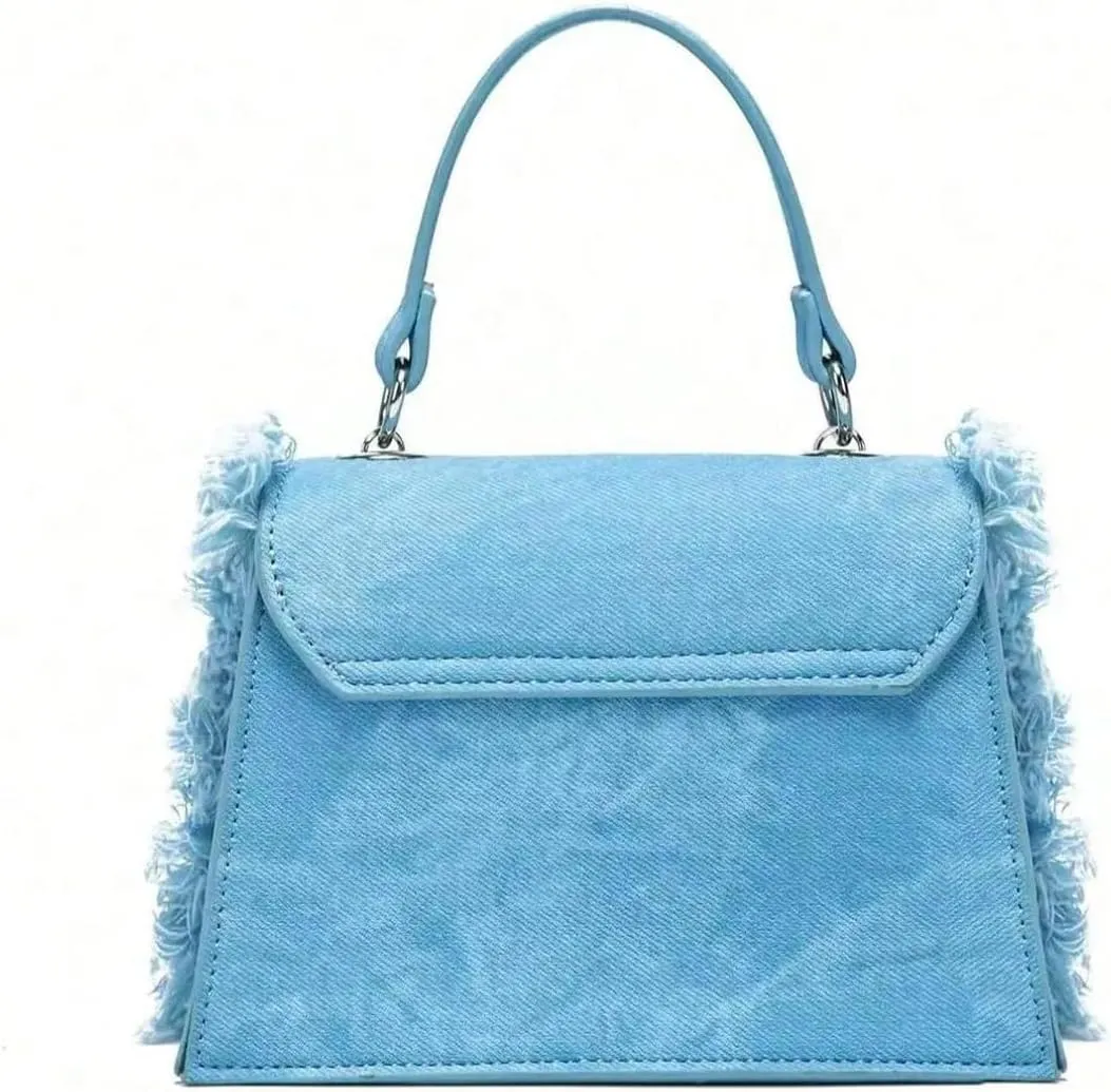 QWINEE Women's Fringe Crossbody Tote Bags Denim Square Bag Satchel Handbags Purses with Chain Strap