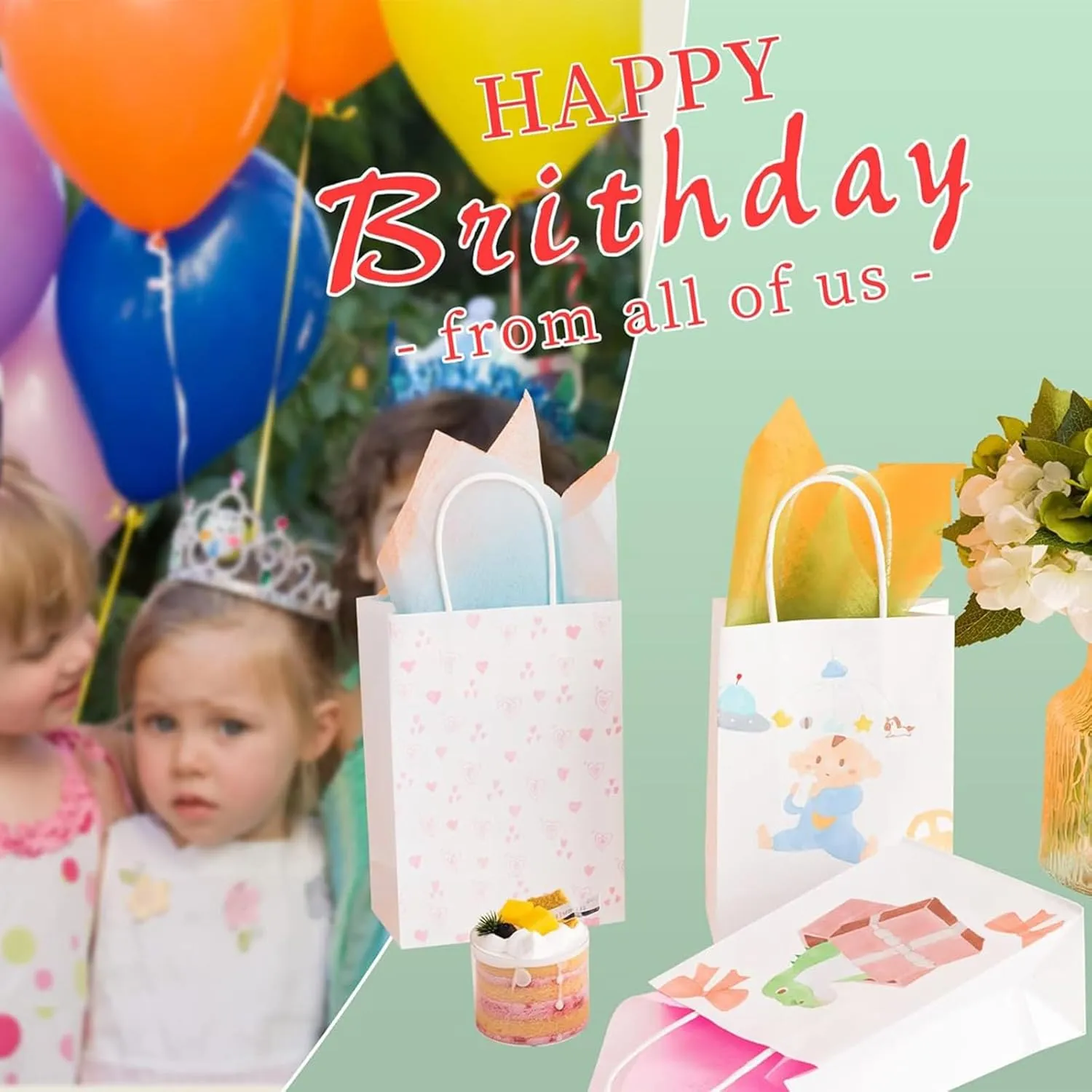 RACETOP 50 Pack 8x4.5x10.8 Inch Medium White Kraft Paper Bags with Handles Bulk, Paper Gift Bags for Birthday Party Favors Grocery Retail Shopping Business Goody Craft Bag