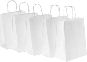 RACETOP 50 Pack 8x4.5x10.8 Inch Medium White Kraft Paper Bags with Handles Bulk, Paper Gift Bags for Birthday Party Favors Grocery Retail Shopping Business Goody Craft Bag