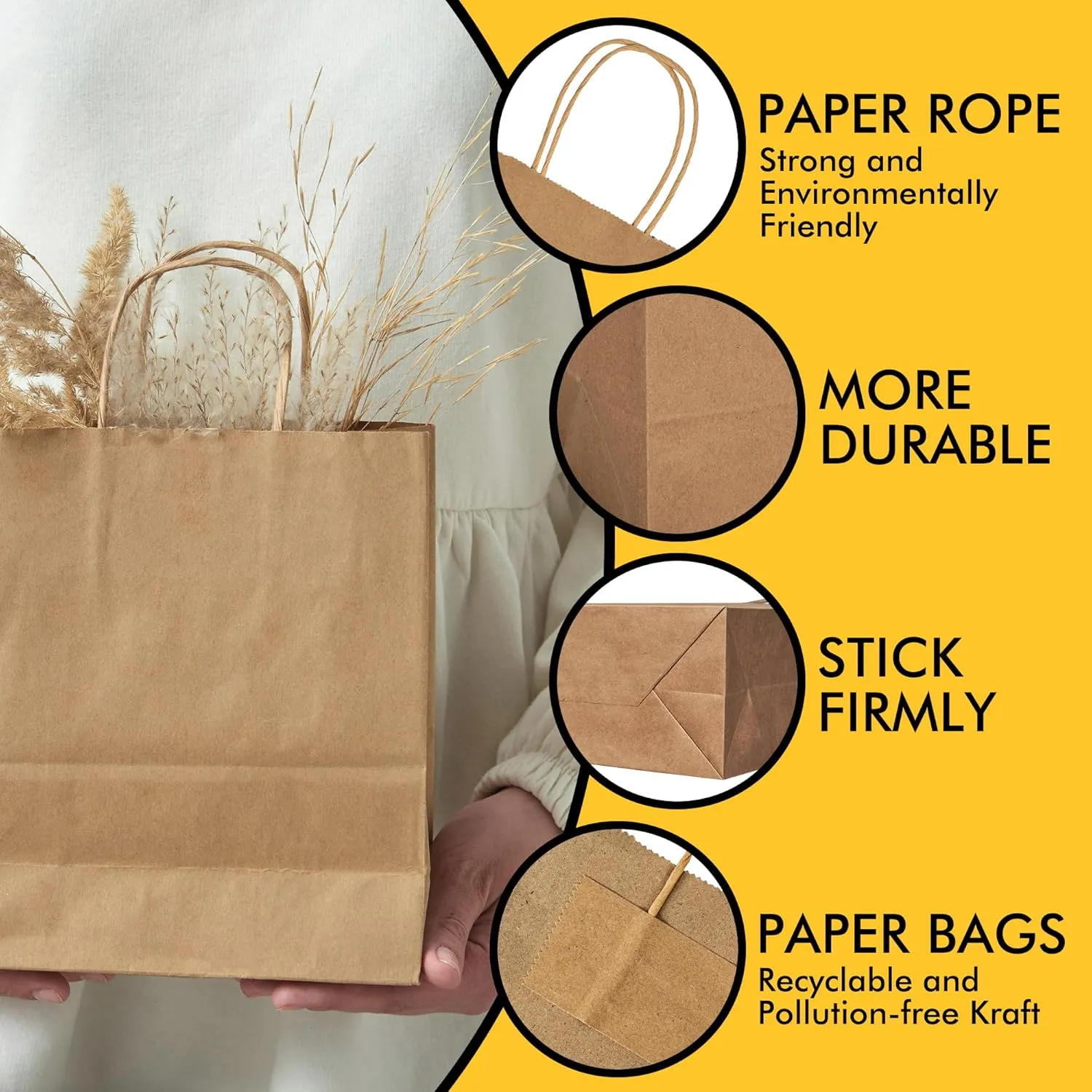 RACETOP 50Pcs 8x4.5x10.8 Inch Brown Gift Bags with Handles, Paper Gift Bags Bulk, Kraft Paper Bags for Craft, Retail, Shopping, Favor