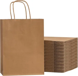 RACETOP 50Pcs 8x4.5x10.8 Inch Brown Gift Bags with Handles, Paper Gift Bags Bulk, Kraft Paper Bags for Craft, Retail, Shopping, Favor