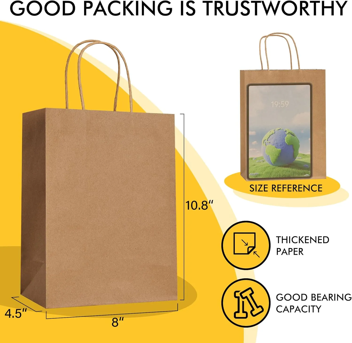 RACETOP 50Pcs 8x4.5x10.8 Inch Brown Gift Bags with Handles, Paper Gift Bags Bulk, Kraft Paper Bags for Craft, Retail, Shopping, Favor