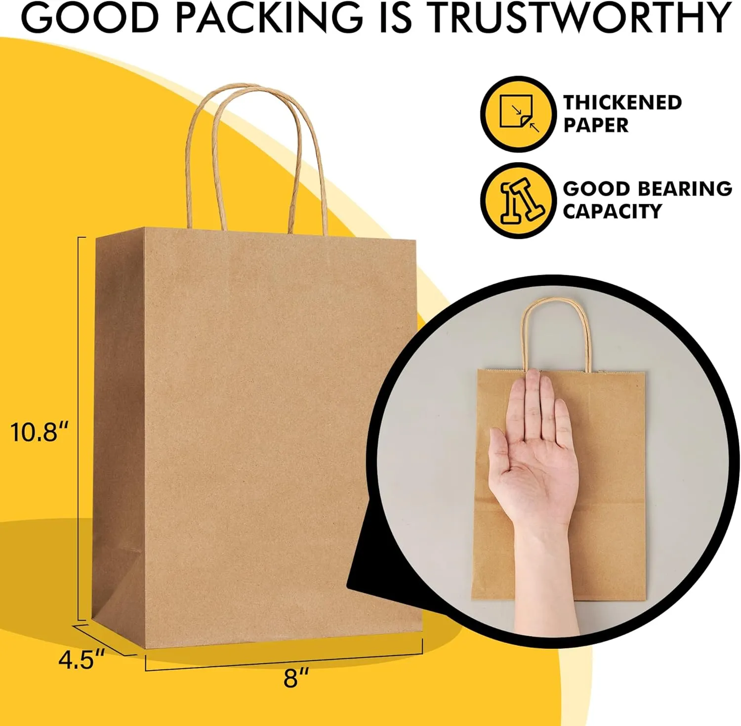 RACETOP Brown Paper Bags with Handles Bulk 100Pcs 8x4.5x10.8 Inch Gift Bags Bulk, Brown Kraft Paper Bags for Retail, Party, Shopping, Favor
