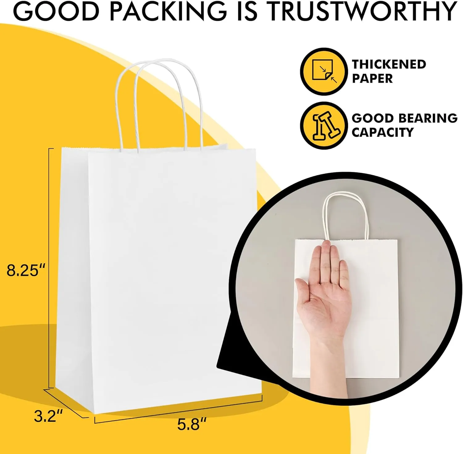 RACETOP White Paper Bags with Handles Bulk 8"x4.5"x10.8" 100Pcs Gift Bags Medium Size, White Gift Bags with Handles, Gift Bag Bulk for Retail, Party, Shopping, Merchandise