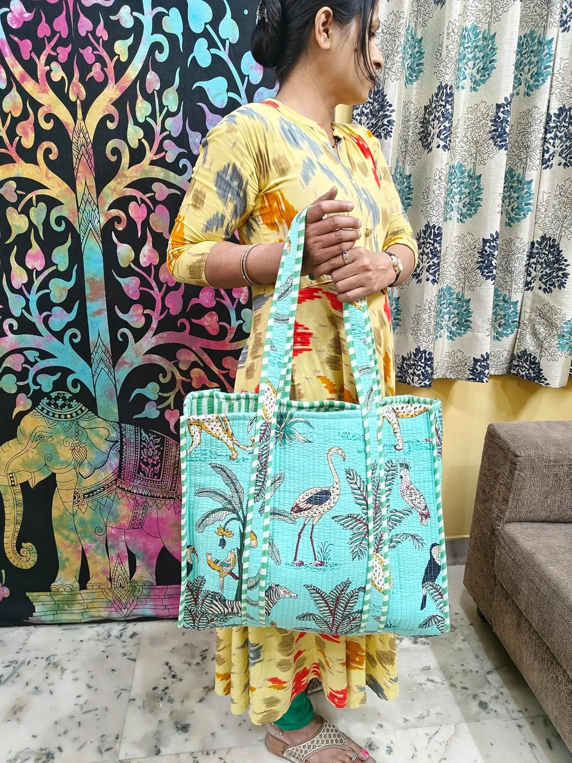 Rastogi Handicrafts Quilted Cotton Women Beautiful Printed Grocery Shopping Bag, Shoulder Bag, Tote Bag, Travel Bags