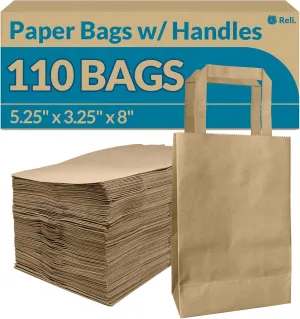 Reli. 5.25x3.25x8 in. Small Paper Bags with Handles | 110 Pack | Kraft Brown Paper Bags with Flat Handles Bulk | Ideal for Gifts, Retail, Shopping, Merchandise, Crafts