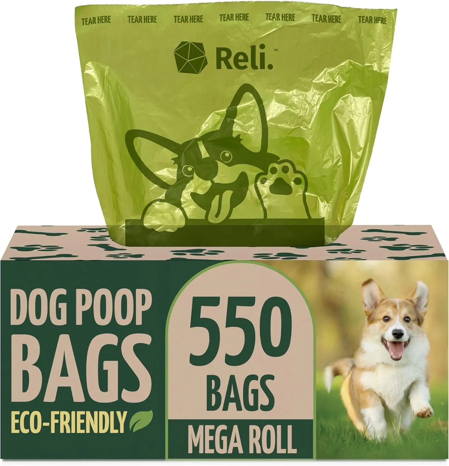 Reli. Biodegradable Dog Poop Bags (550 Count, Bulk) (Large Single Roll - Dispenser Box) | 9x13" Large Dog Bags for Poop | Green, Eco-Friendly | Oxobiodegradable Pet Waste Disposal | Unscented