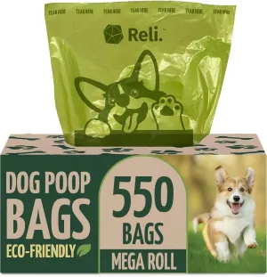 Reli. Biodegradable Dog Poop Bags (550 Count, Bulk) (Large Single Roll - Dispenser Box) | 9x13" Large Dog Bags for Poop | Green, Eco-Friendly | Oxobiodegradable Pet Waste Disposal | Unscented