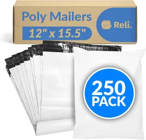 Reli. Poly Mailers 12x15.5" | 250 Pcs - White | Shipping Bags/Shipping Envelopes | White Mailing/Packaging Bags for Shipping | Non-Padded Polymailers, Self Sealing Shipment Bags for Clothing