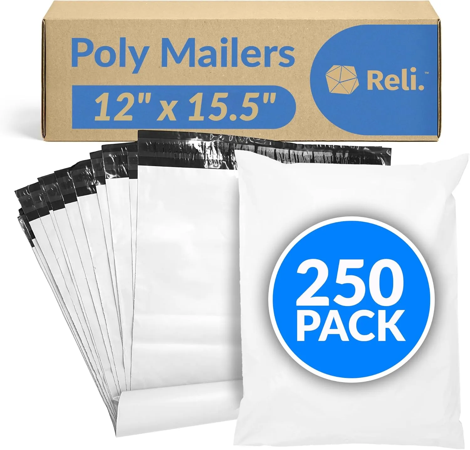 Reli. Poly Mailers 12x15.5" | 250 Pcs - White | Shipping Bags/Shipping Envelopes | White Mailing/Packaging Bags for Shipping | Non-Padded Polymailers, Self Sealing Shipment Bags for Clothing