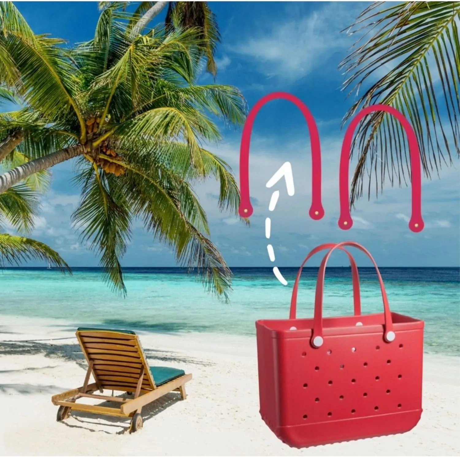 Replacement Straps for Original L/XL Bog Beach Bag, Replacement Handles with 4 Snaps for Rubber Beach Bag, EVA Bag Strap replacement, Bog Beach Bag Repair Kit (Red)