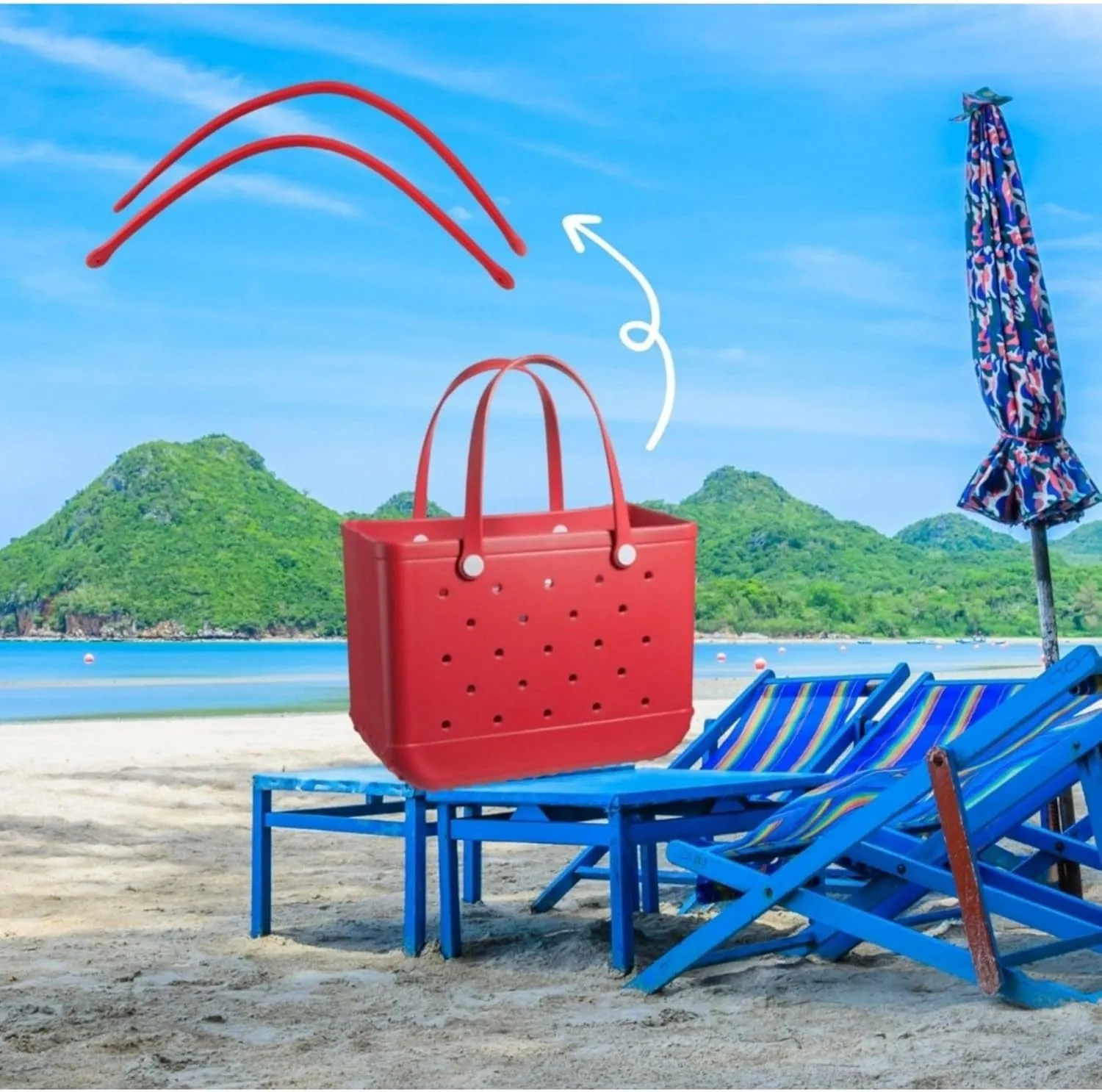 Replacement Straps for Original L/XL Bog Beach Bag, Replacement Handles with 4 Snaps for Rubber Beach Bag, EVA Bag Strap replacement, Bog Beach Bag Repair Kit (Red)