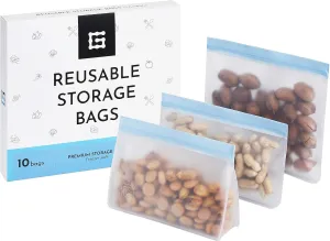 Reusable Storage Bags | Premium Set of 10 Bags | Perfect Food Bags for Lunch Sandwich and Kids Snacks | Leakproof Extra Thick Food Safe Material – Freezer Safe