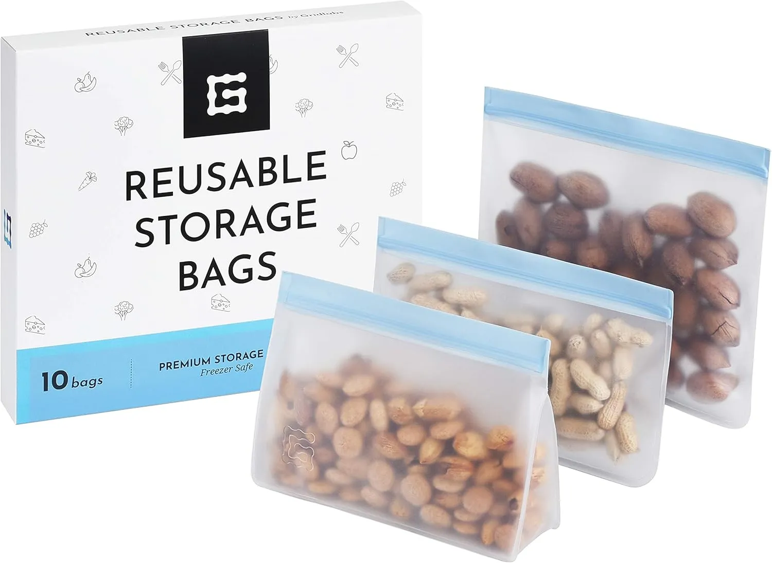 Reusable Storage Bags | Premium Set of 10 Bags | Perfect Food Bags for Lunch Sandwich and Kids Snacks | Leakproof Extra Thick Food Safe Material – Freezer Safe