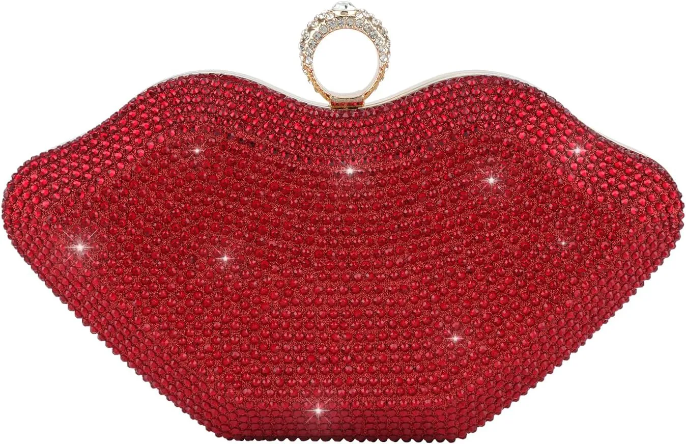 Rhinestone Clutch Purse for Women Sparkling Lip Party Evening Bag Small Crossbody Bag Shiny Shoulder Handbag for Wedding Prom Party Date Red