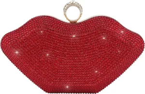 Rhinestone Clutch Purse for Women Sparkling Lip Party Evening Bag Small Crossbody Bag Shiny Shoulder Handbag for Wedding Prom Party Date Red