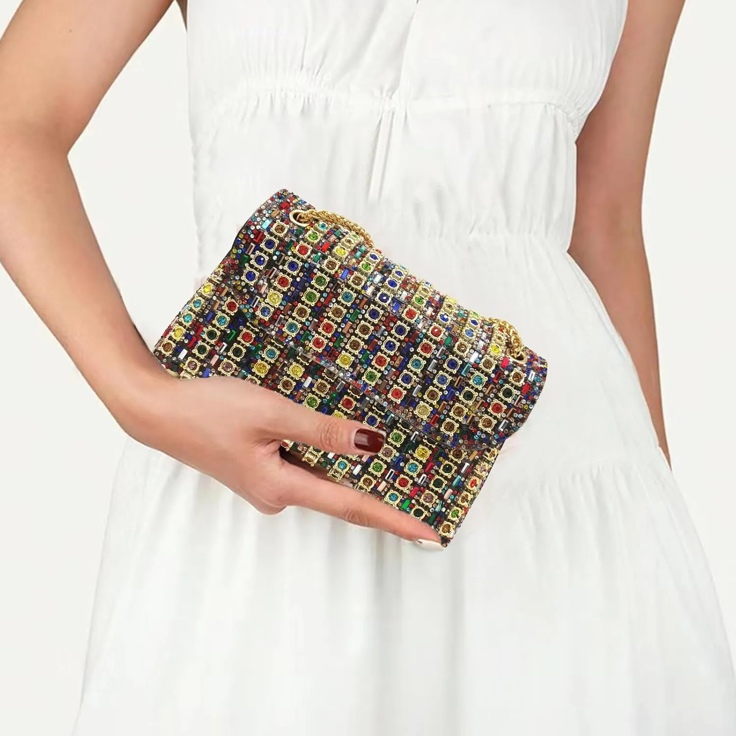 Rhinestone Evening Clutch Purse Silver Crystal Diamond Evening Bag Colorful Shoulder Crossbody Handbags for Wedding