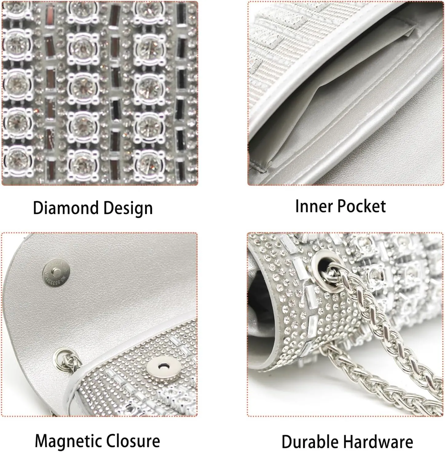Rhinestone Evening Clutch Purse Silver Crystal Diamond Evening Bag Colorful Shoulder Crossbody Handbags for Wedding