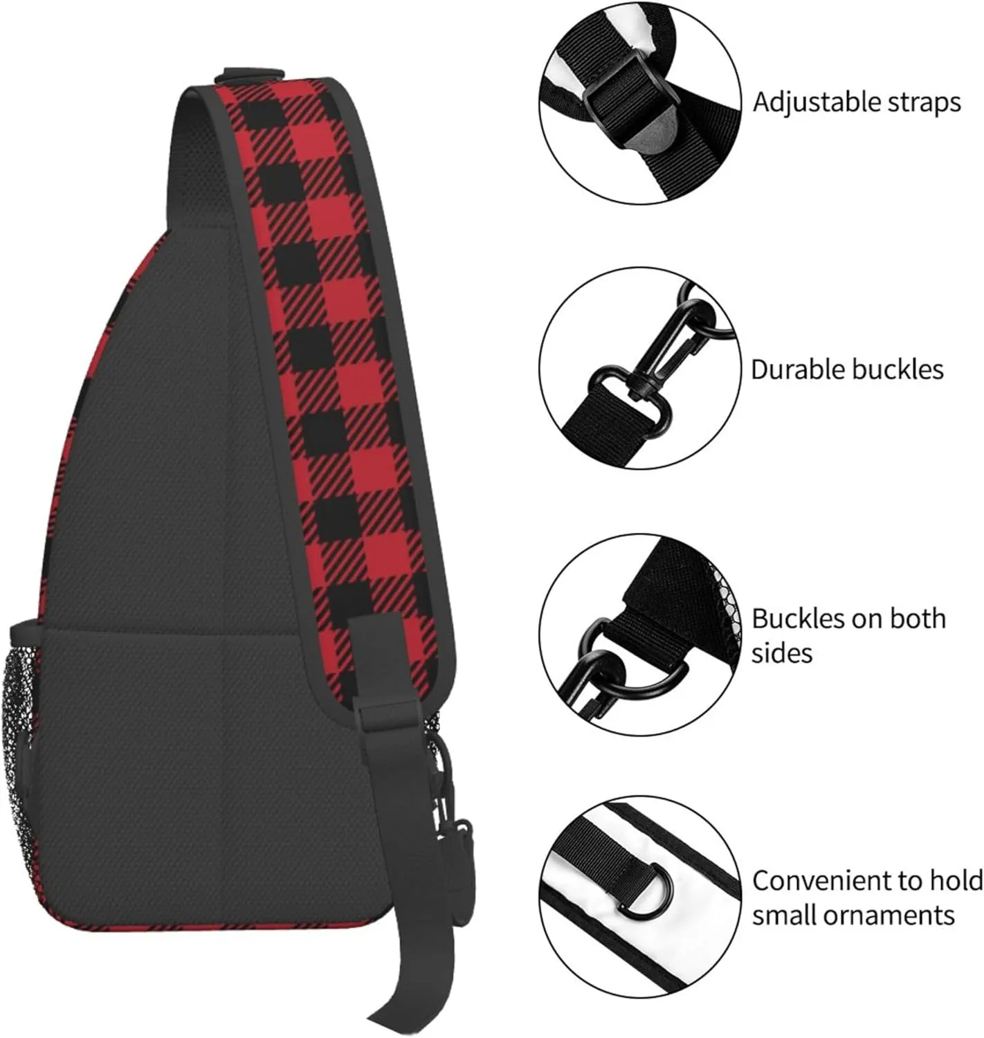 RIMENCH Sling Bag Crossbody Sling Backpack Water Resistant Shoulder Bag Outdoor Travel Hiking Daypack For Men Women (Red Black Buffalo Check Plaid Christmas)