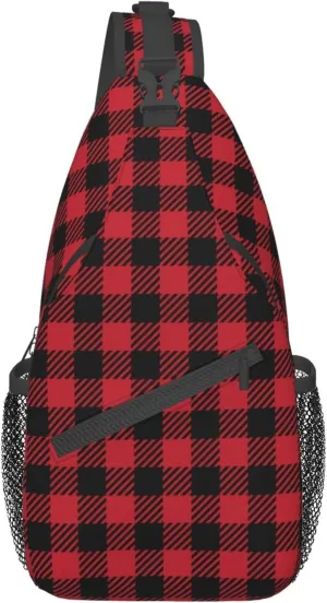 RIMENCH Sling Bag Crossbody Sling Backpack Water Resistant Shoulder Bag Outdoor Travel Hiking Daypack For Men Women (Red Black Buffalo Check Plaid Christmas)