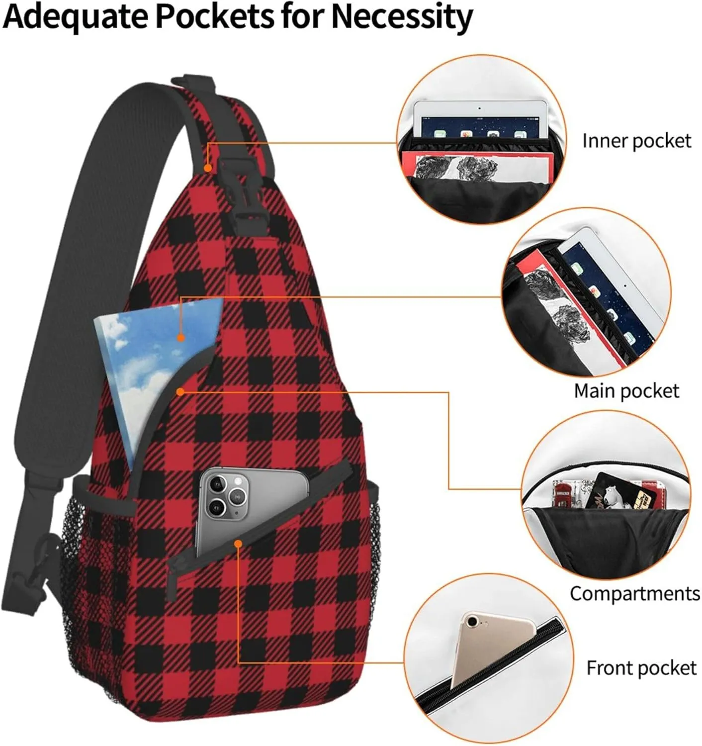 RIMENCH Sling Bag Crossbody Sling Backpack Water Resistant Shoulder Bag Outdoor Travel Hiking Daypack For Men Women (Red Black Buffalo Check Plaid Christmas)