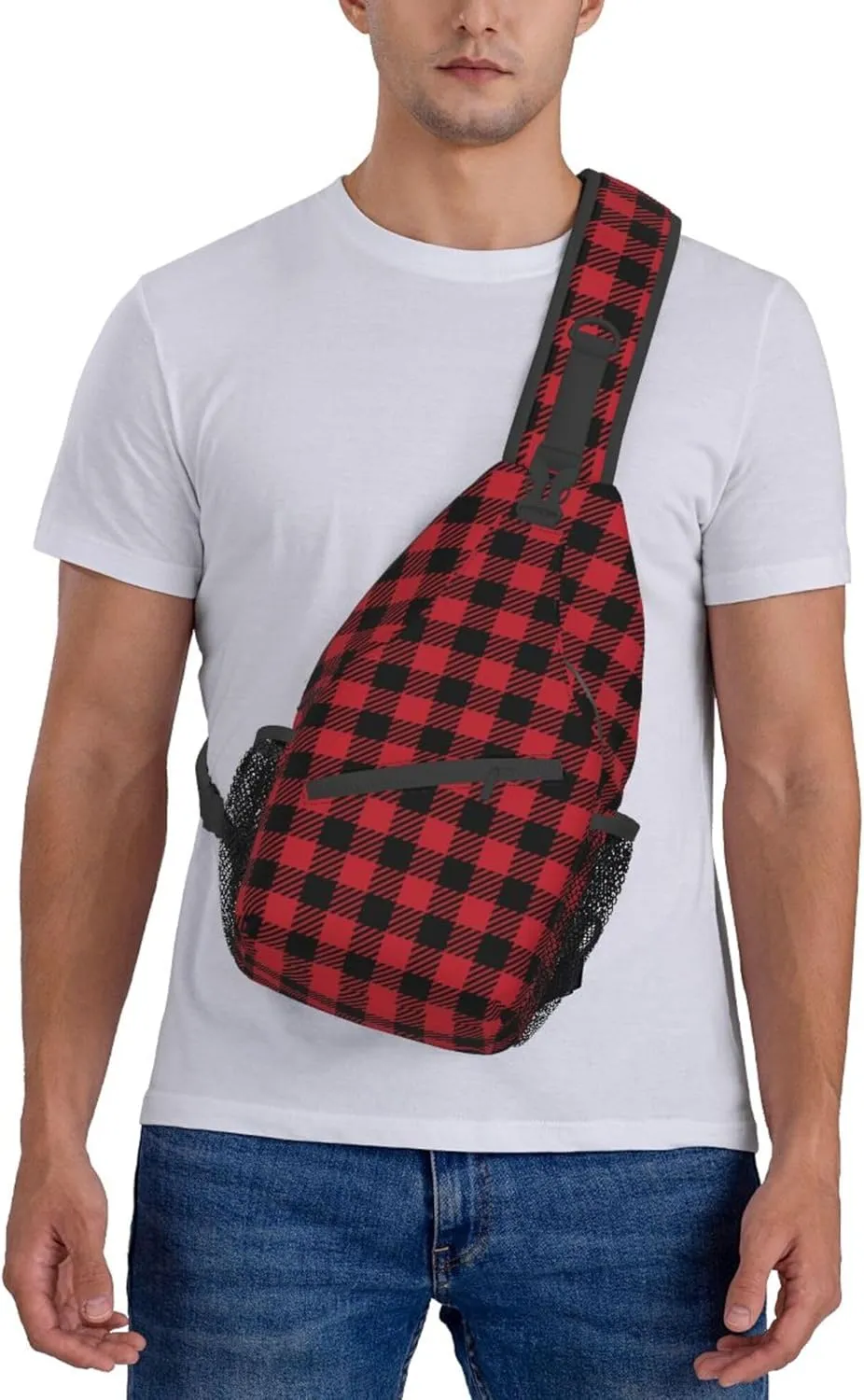 RIMENCH Sling Bag Crossbody Sling Backpack Water Resistant Shoulder Bag Outdoor Travel Hiking Daypack For Men Women (Red Black Buffalo Check Plaid Christmas)