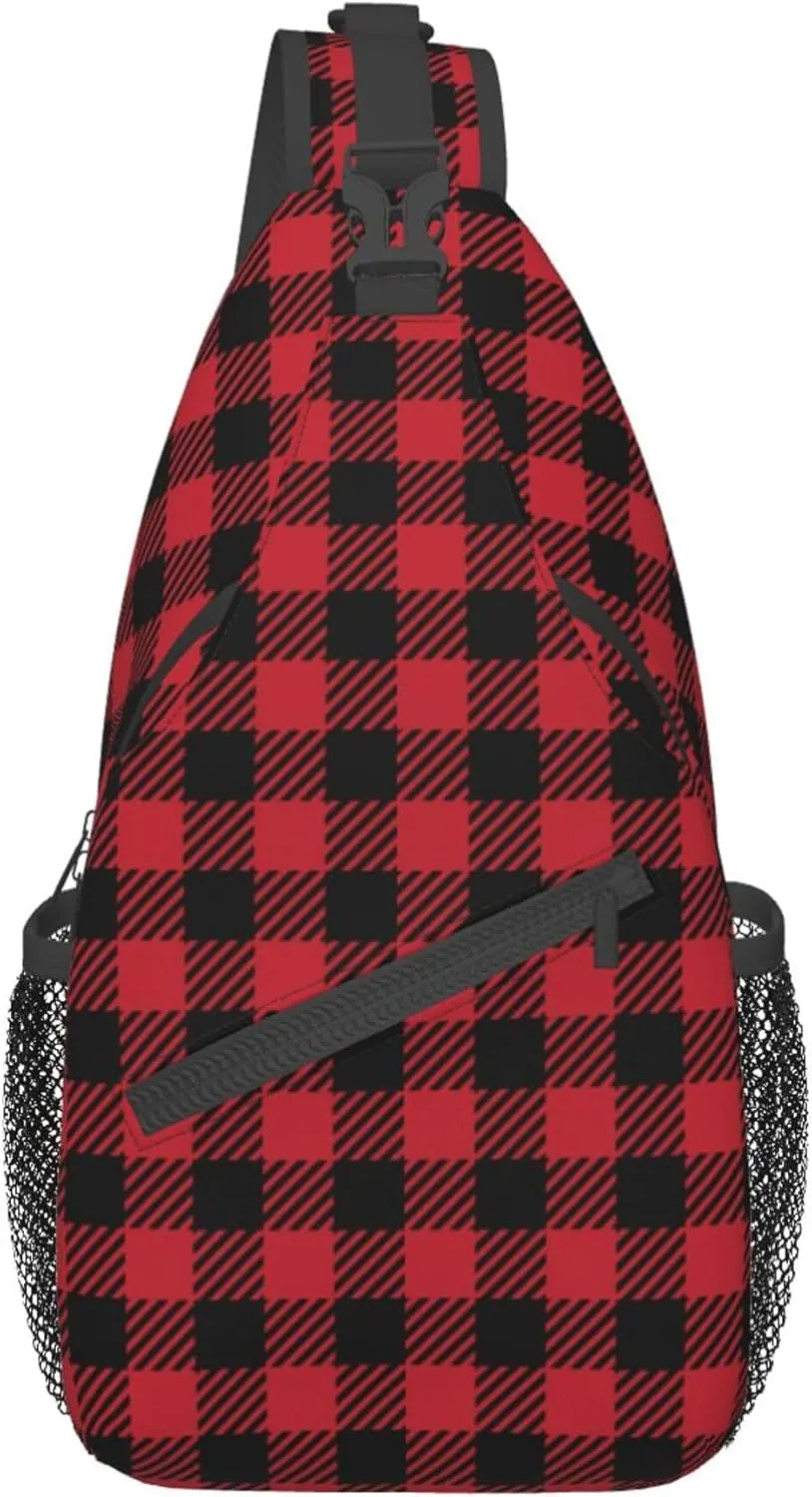 RIMENCH Sling Bag Crossbody Sling Backpack Water Resistant Shoulder Bag Outdoor Travel Hiking Daypack For Men Women (Red Black Buffalo Check Plaid Christmas)