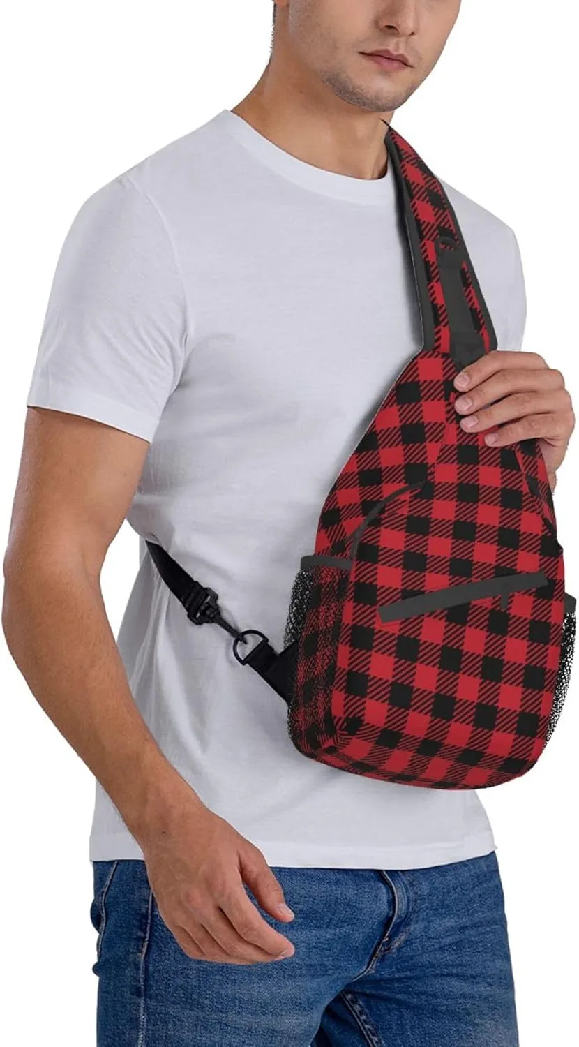 RIMENCH Sling Bag Crossbody Sling Backpack Water Resistant Shoulder Bag Outdoor Travel Hiking Daypack For Men Women (Red Black Buffalo Check Plaid Christmas)