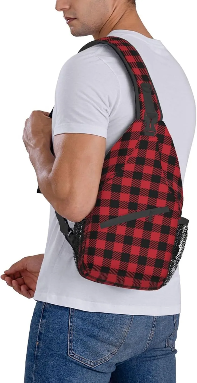 RIMENCH Sling Bag Crossbody Sling Backpack Water Resistant Shoulder Bag Outdoor Travel Hiking Daypack For Men Women (Red Black Buffalo Check Plaid Christmas)