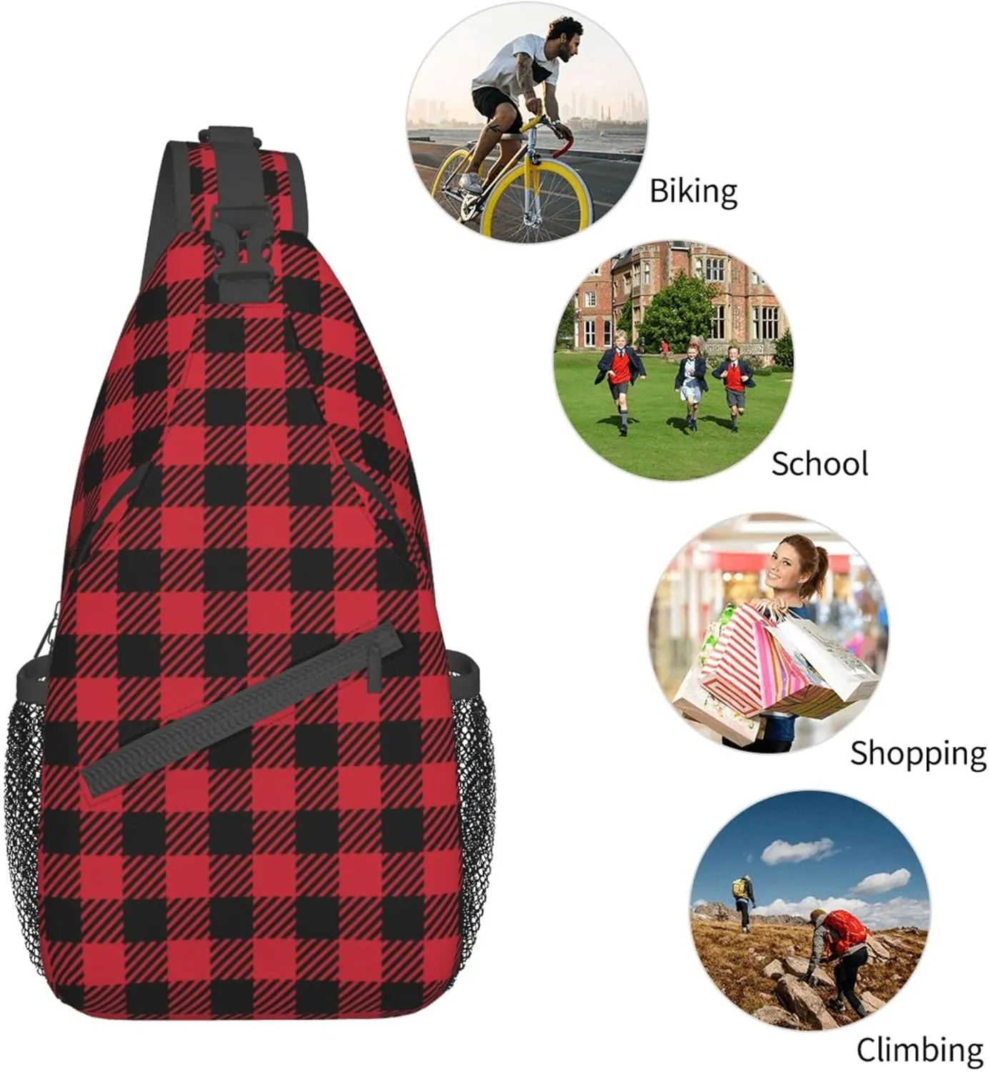 RIMENCH Sling Bag Crossbody Sling Backpack Water Resistant Shoulder Bag Outdoor Travel Hiking Daypack For Men Women (Red Black Buffalo Check Plaid Christmas)