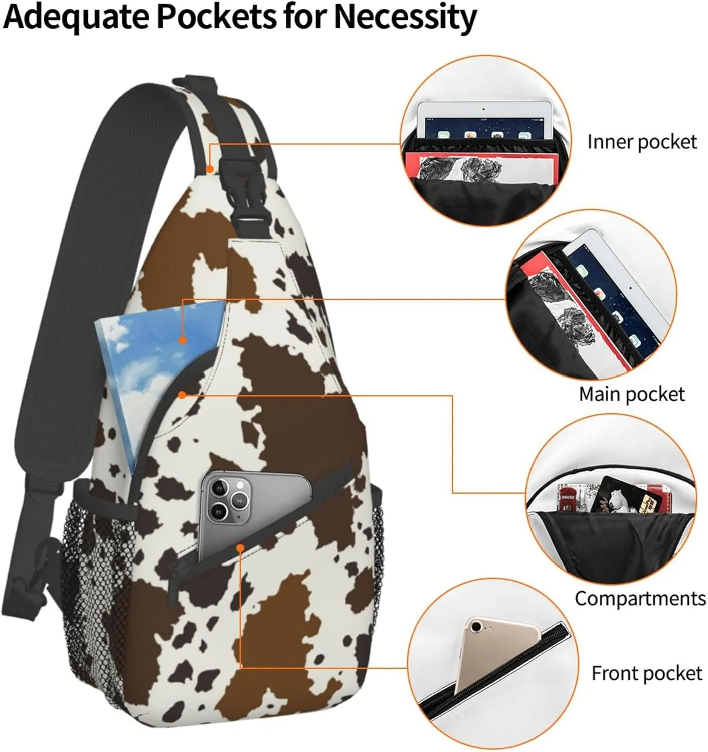 RIMENCH Sling Chest Bag brown skin milk Cow Print Daypack Bicycle Travel Gym Backpack