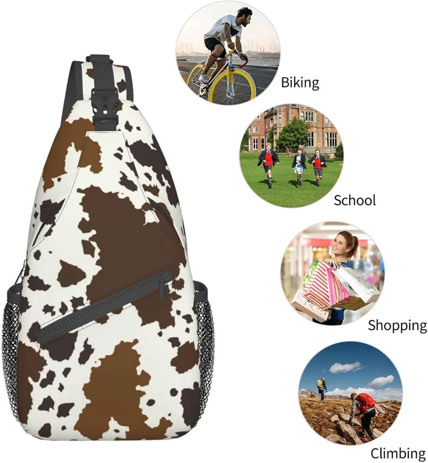 RIMENCH Sling Chest Bag brown skin milk Cow Print Daypack Bicycle Travel Gym Backpack