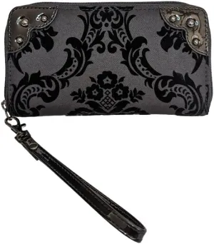Rock Rebel Black on Black Wristlet Victorian Damask Zip Around Wallet