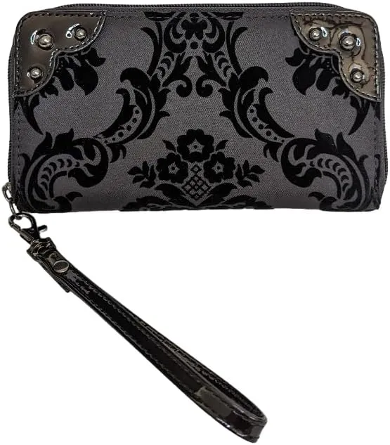 Rock Rebel Black on Black Wristlet Victorian Damask Zip Around Wallet