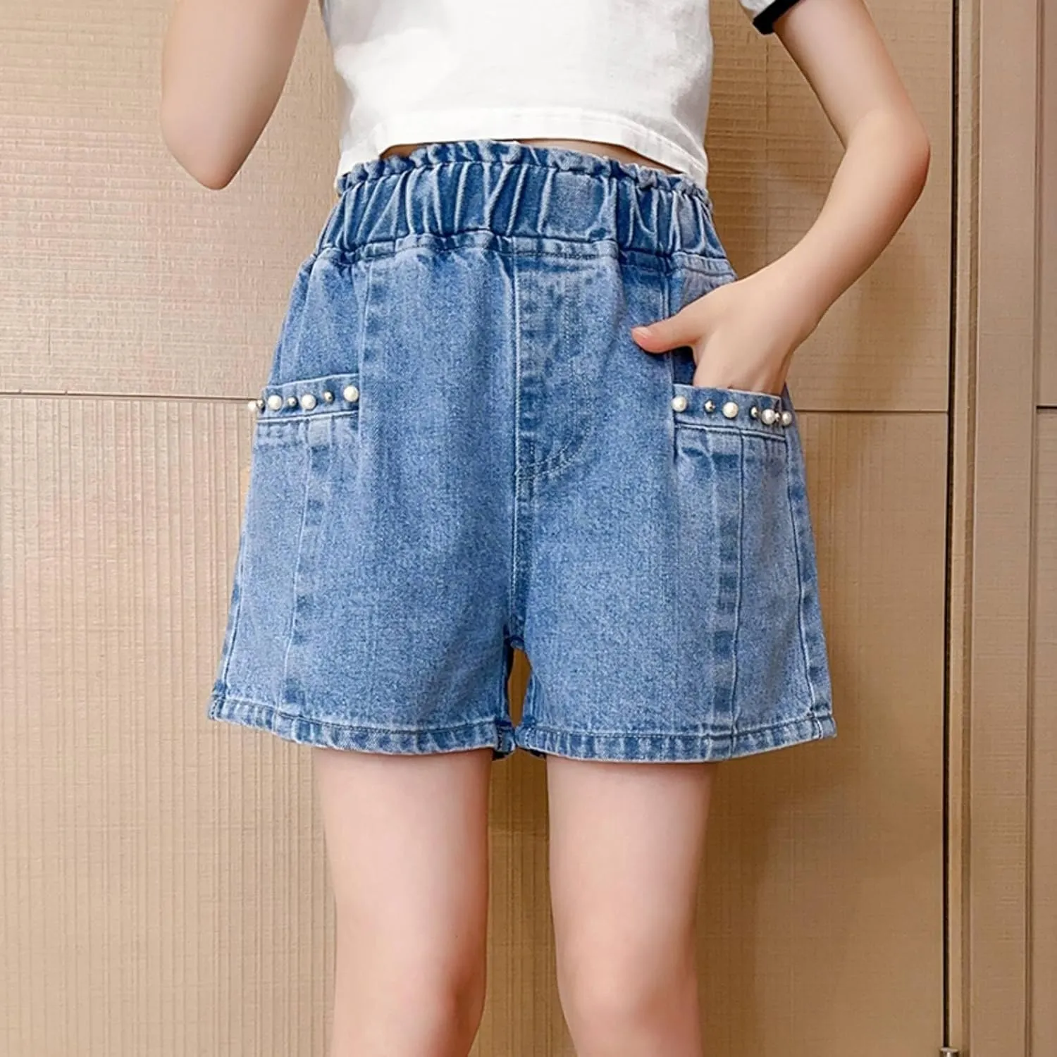 Rolanko Girls Denim Shorty Shorts Elastic Waist Kids Summer Jean Shorts 4-14 Years