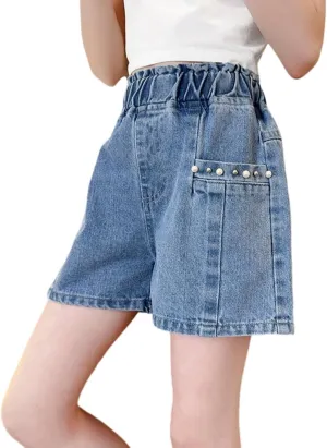Rolanko Girls Denim Shorty Shorts Elastic Waist Kids Summer Jean Shorts 4-14 Years