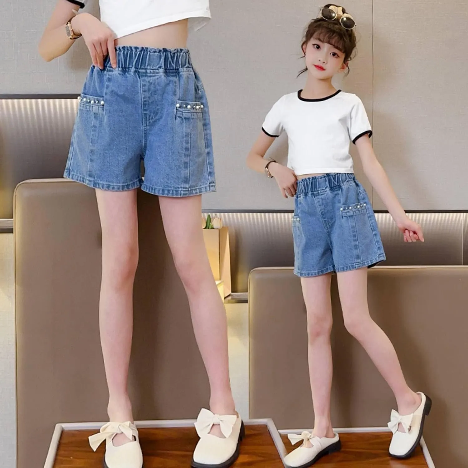 Rolanko Girls Denim Shorty Shorts Elastic Waist Kids Summer Jean Shorts 4-14 Years