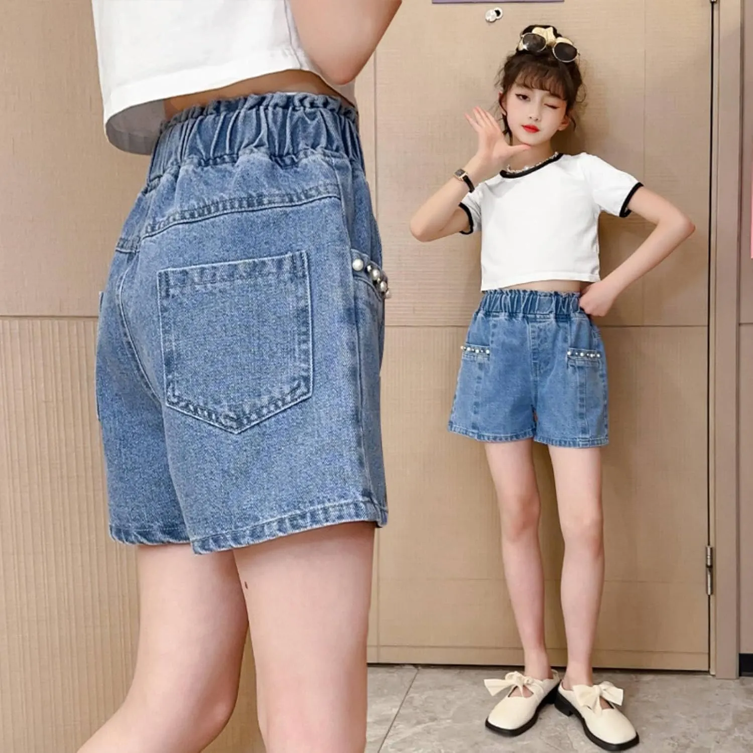 Rolanko Girls Denim Shorty Shorts Elastic Waist Kids Summer Jean Shorts 4-14 Years
