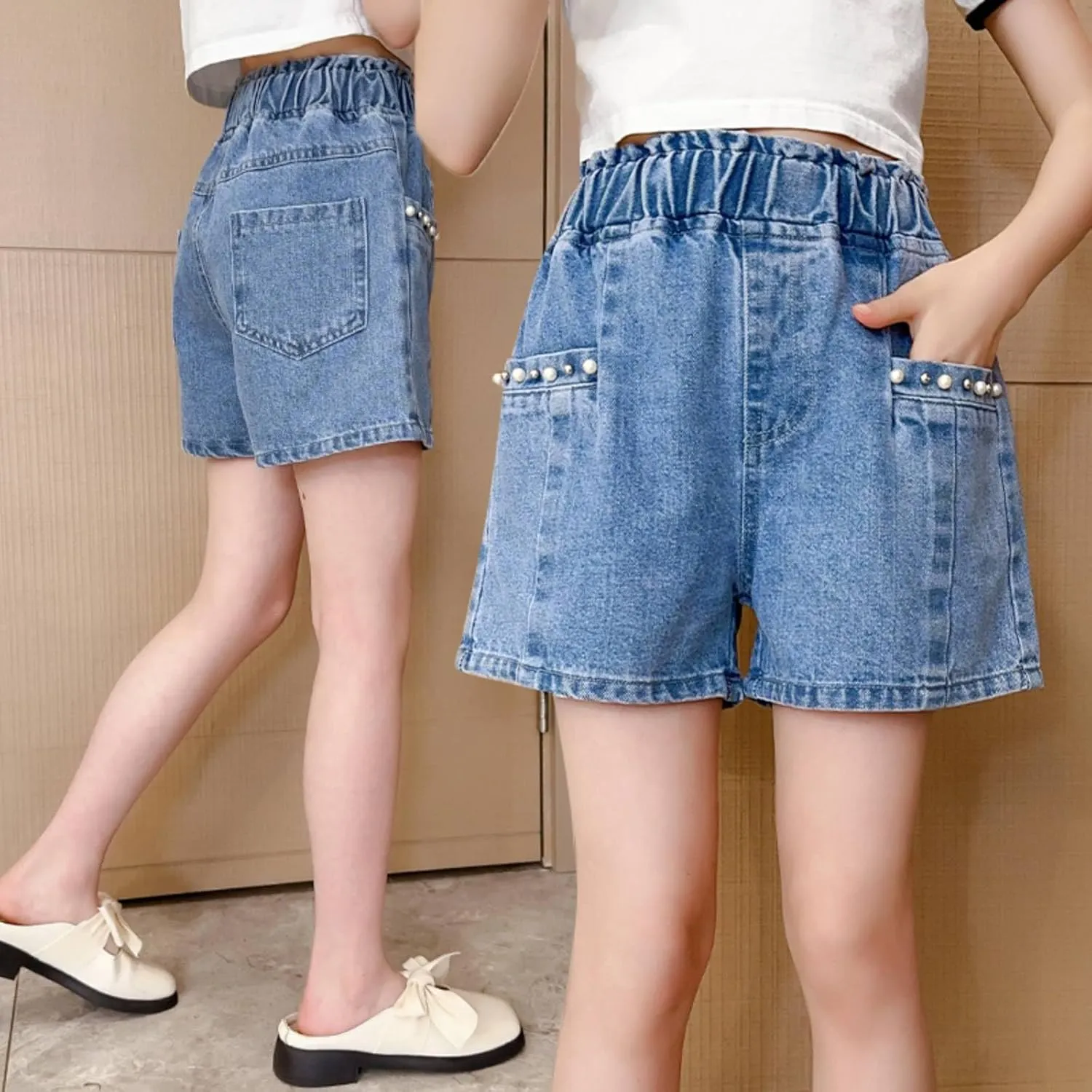 Rolanko Girls Denim Shorty Shorts Elastic Waist Kids Summer Jean Shorts 4-14 Years