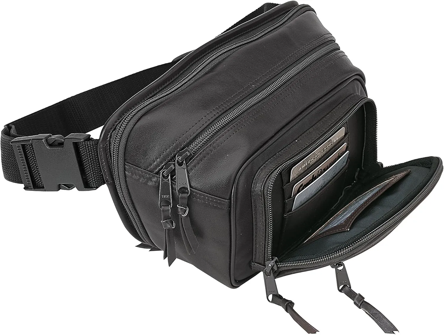 Roma Leathers Gun Concealment Fanny Pack with Extra Pocket - Cowhide Leather, Nylon Belt Strap with Snap Buckle - Black - Medium