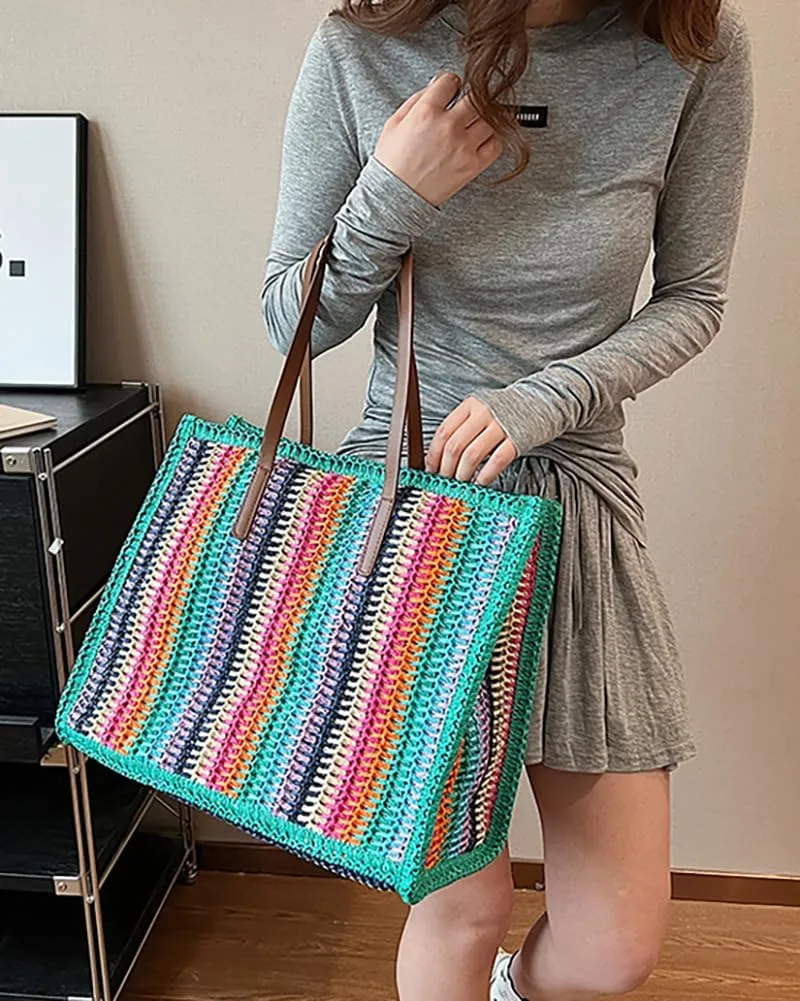 Rungion Womens Colorful Straw Tote Bag Woven Large Striped Beach Top Handle Handbag Summer Vacation Shoulder Purse